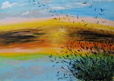 Painting titled "sunset on Lake Siut…" by Ana Maria Guta, Original Artwork, Acrylic Mounted on Wood Stretcher frame