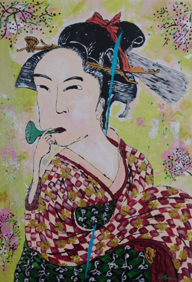 Painting titled "the whistling geisha" by Ana Maria Guta, Original Artwork, Acrylic