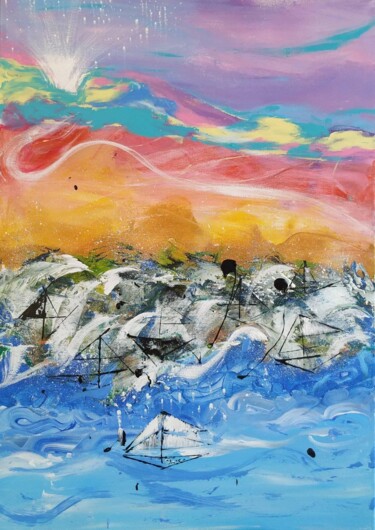 Painting titled "paradise boat" by Ana Maria Guta, Original Artwork, Acrylic