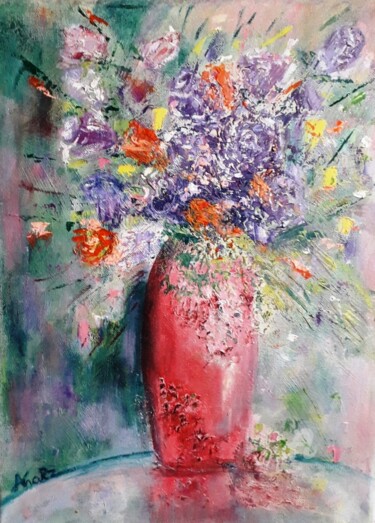 Peinture intitulée "Fleurs en vase rose" par Ana Maria Rodriguez (AnaRz), Œuvre d'art originale, Huile