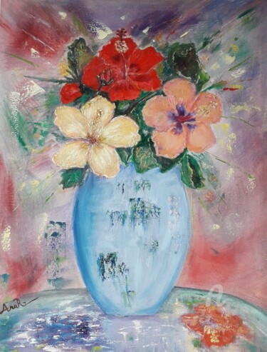 Peinture intitulée "Hibiscus en vase" par Ana Maria Rodriguez (AnaRz), Œuvre d'art originale, Huile