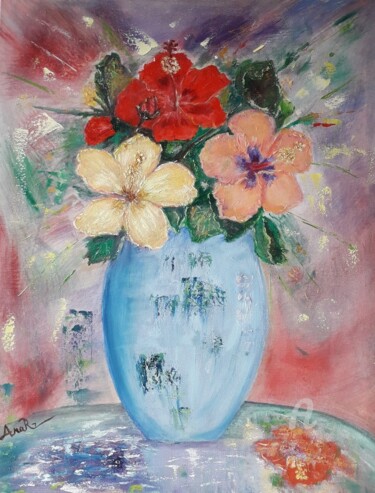 Painting titled "Hibiscus en vase" by Ana Maria Rodriguez (AnaRz), Original Artwork, Oil