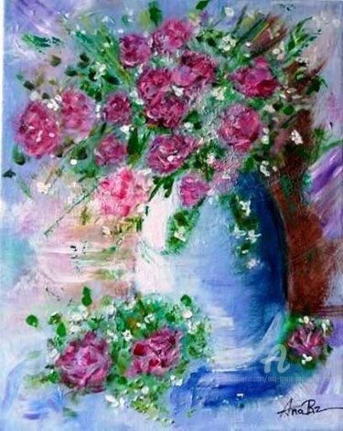 Painting titled "Roses dans vase bleu" by Ana Maria Rodriguez (AnaRz), Original Artwork, Acrylic