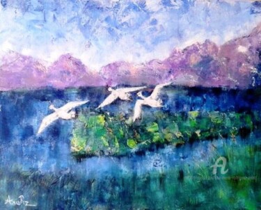 Painting titled "Vol d'oiseaux" by Ana Maria Rodriguez (AnaRz), Original Artwork, Oil