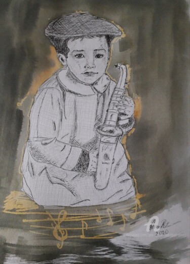 Рисунок под названием "Le petit saxo" - Ana Maria Rodriguez (AnaRz), Подлинное произведение искусства, Чернила