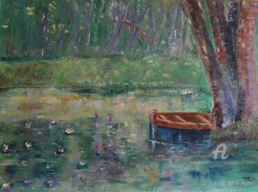 Schilderij getiteld "Barque sur water Li…" door Ana Maria Rodriguez (AnaRz), Origineel Kunstwerk, Olie
