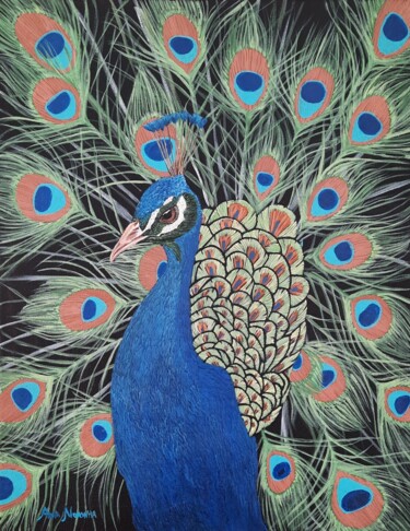 Painting titled "PEACOCK" by Ana Noronha, Original Artwork, Acrylic Mounted on Wood Stretcher frame