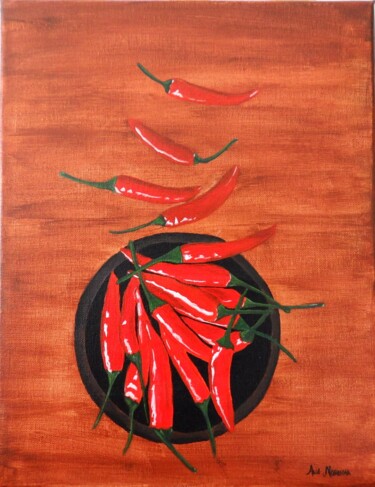Painting titled "PEPPERS ON PLATE" by Ana Noronha, Original Artwork, Acrylic Mounted on Wood Stretcher frame