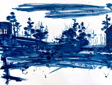 Картина под названием "BLUE LANDSCAPE MINI…" - Ana Ozz, Подлинное произведение искусства, Акварель