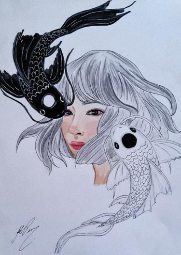 Dessin intitulée "Yin Yang- Koi Fish" par Ana Livia Perin Costa (naliviz Art), Œuvre d'art originale, Crayon