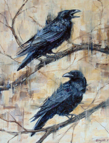 Картина под названием "вороны под дождем" - Алена Ковтун, Подлинное произведение искусства, Масло Установлен на Деревянная р…