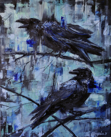 Картина под названием "Вороны на синем" - Алена Ковтун, Подлинное произведение искусства, Масло Установлен на Деревянная рам…