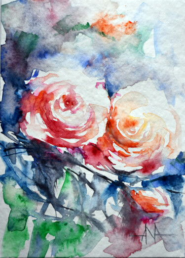 Pintura intitulada "Róże - dwa żywioły" por Ana Smarz, Obras de arte originais, Aquarela