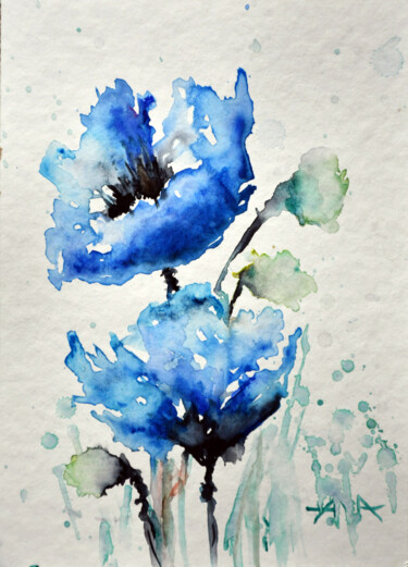 Painting titled "Niebieskie maki" by Ana Smarz, Original Artwork, Watercolor