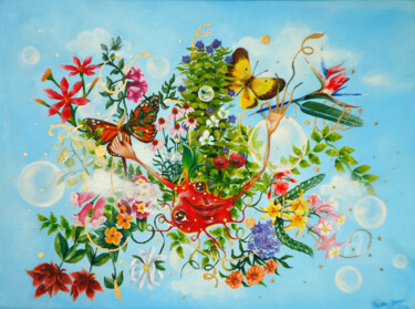 Painting titled "Felicità" by Maria Anabel Rauber, Original Artwork, Oil Mounted on Wood Stretcher frame