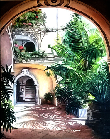 Painting titled "Giardino segreto" by Maria Anabel Rauber, Original Artwork, Oil Mounted on Wood Stretcher frame