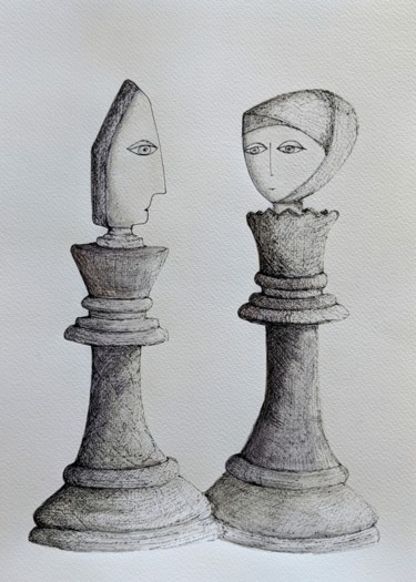 Zeichnungen mit dem Titel "Queen & King" von Ana Colombo, Original-Kunstwerk, Tinte