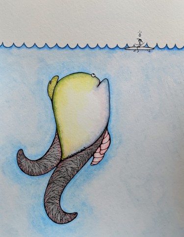 Drawing titled "Surfing" by Ana Colombo, Original Artwork, Watercolor