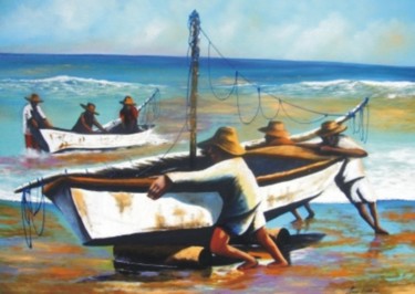 Pintura intitulada "Jangadeiros no Mucu…" por Laurindo Joao Dos Santos Lauro, Obras de arte originais