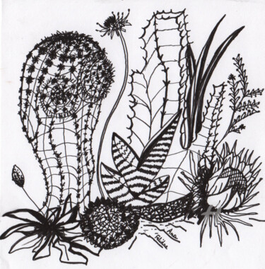 Dessin intitulée "Jardin de cactus" par Ana Felidae, Œuvre d'art originale, Marqueur