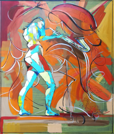 Painting titled "Saxophonist 85x100c…" by Anahit Mirijanyan, Original Artwork, Oil Mounted on Wood Stretcher frame