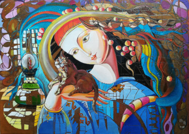 Painting titled "With my cat (50x70c…" by Anahit Mirijanyan, Original Artwork, Oil Mounted on Wood Stretcher frame