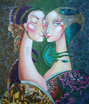 Painting titled "Lovers (60x70cm, oi…" by Anahit Mirijanyan, Original Artwork, Oil Mounted on Wood Stretcher frame