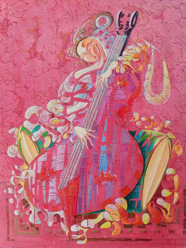 Painting titled "The Bassist (60x80c…" by Anahit Mirijanyan, Original Artwork, Oil Mounted on Wood Stretcher frame