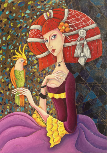 Painting titled "Girl with parrot" by Anahit Mirijanyan, Original Artwork, Oil Mounted on Wood Stretcher frame