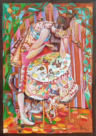 Pittura intitolato "FELINE AND FEATHERE…" da Anahit Mirijanyan, Opera d'arte originale, Olio Montato su Telaio per barella i…