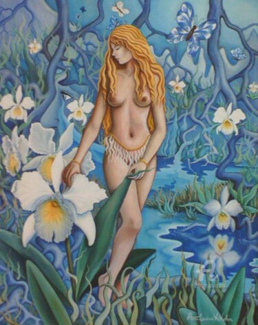 Painting titled "PARAÍSO AZUL" by Ana Luisa Kaminski Analuka, Original Artwork, Oil