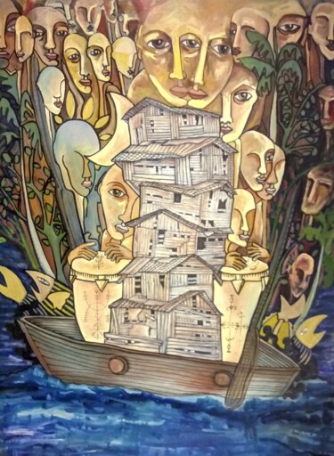 Pittura intitolato "Emigrantes en Miami" da Analvis Somoza Jimenez, Opera d'arte originale, Olio