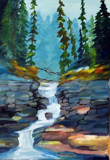Painting titled "Wood waterfall" by Ana-Maria Iancu, Original Artwork, Acrylic Mounted on Wood Stretcher frame