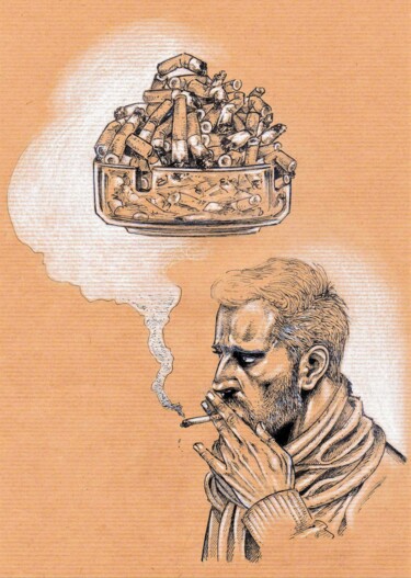 Dessin intitulée "Le fumeur" par Ânanda, Œuvre d'art originale, Encre