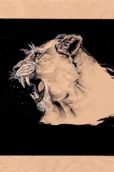 Dessin intitulée "Lionne rugissante" par Ânanda, Œuvre d'art originale, Encre