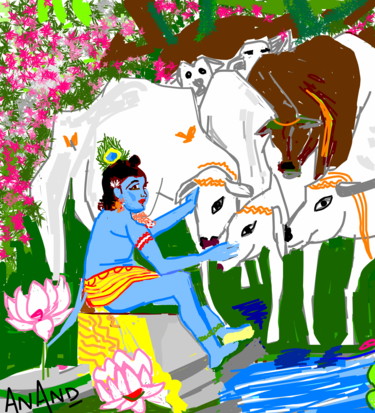 Digital Arts titled "krishna-with-cows.j…" by Anandswaroop Manchiraju, Original Artwork, Digital Painting