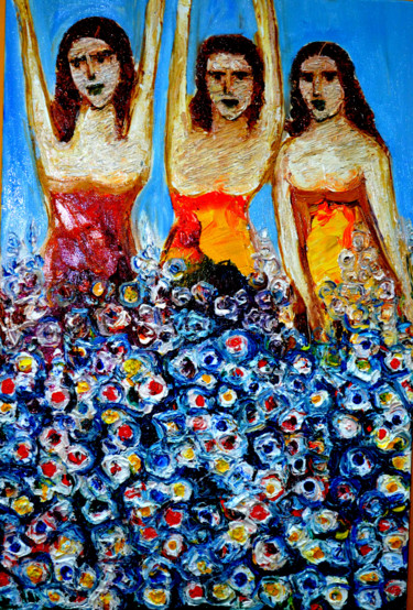 Painting titled "GIRLS WITH FLOWERS" by Anandswaroop Manchiraju, Original Artwork, Oil