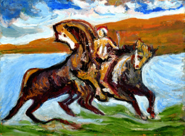 Painting titled "THE TWO IN ACTION" by Anandswaroop Manchiraju, Original Artwork, Oil