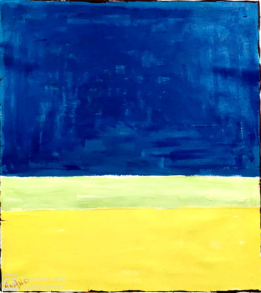 Картина под названием "YELLOW BLUE AND GRE…" - Anandswaroop Manchiraju, Подлинное произведение искусства, Акрил