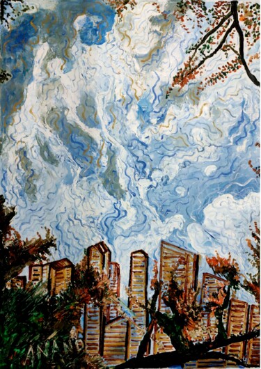 Painting titled "CLOUDED CITY" by Anandswaroop Manchiraju, Original Artwork, Acrylic