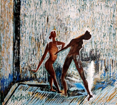 Peinture intitulée "ROMANCE IN RAIN" par Anandswaroop Manchiraju, Œuvre d'art originale, Acrylique
