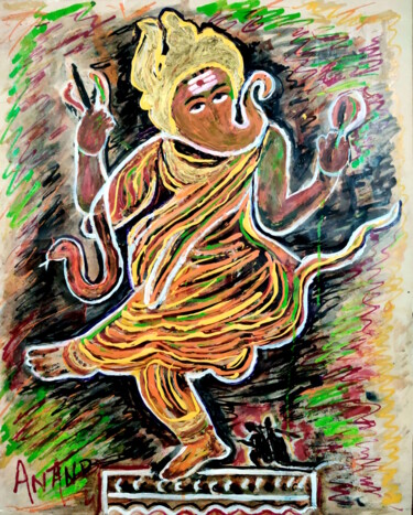 Schilderij getiteld "DANCING GANESHA-3" door Anandswaroop Manchiraju, Origineel Kunstwerk, Inkt