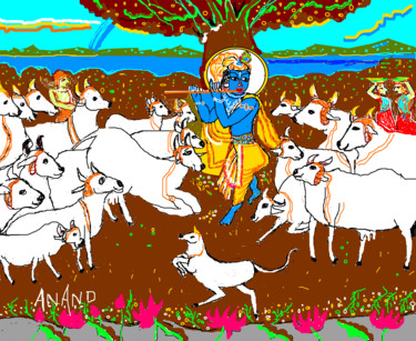 Digital Arts titled "krishna-with-cows.p…" by Anandswaroop Manchiraju, Original Artwork, Digital Painting