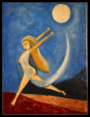 Painting titled "ANGEL AND MOON" by Anandswaroop Manchiraju, Original Artwork, Oil