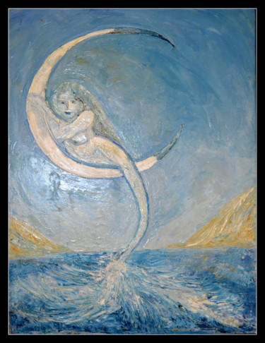 Painting titled "AN ANGEL WITHMOON" by Anandswaroop Manchiraju, Original Artwork, Oil