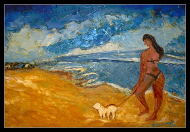 Schilderij getiteld "ON  A BEACH" door Anandswaroop Manchiraju, Origineel Kunstwerk, Olie