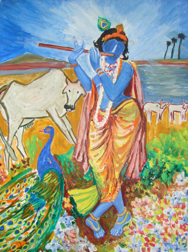 Pittura intitolato "KRISHNA WITH COW" da Anandswaroop Manchiraju, Opera d'arte originale, Olio