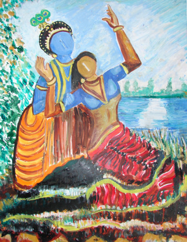 Malerei mit dem Titel "KRISHNA RADHA IN RO…" von Anandswaroop Manchiraju, Original-Kunstwerk, Öl