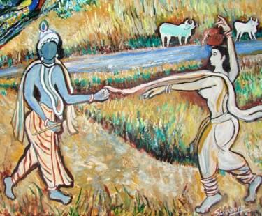 Schilderij getiteld "KRISHNA RADHA IN RO…" door Anandswaroop Manchiraju, Origineel Kunstwerk, Olie