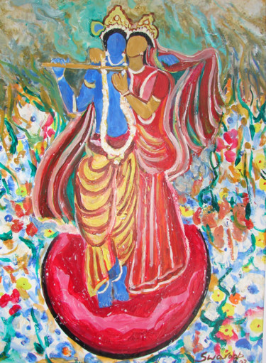 Malerei mit dem Titel "KRISHNA RADHA IN RO…" von Anandswaroop Manchiraju, Original-Kunstwerk, Öl